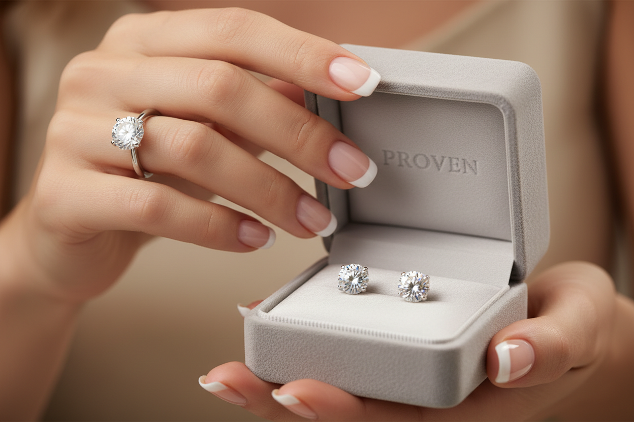 Woman's Hand Opening Grey Jewelry Box